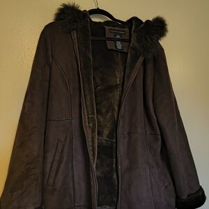 Apostrophe Chocolate Teddy Jacket with Faux Fur Trim